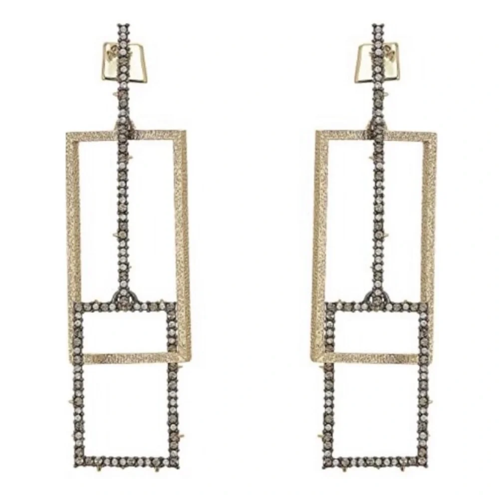 ALEXIS BITTAR • Gold & Gunmetal Brutalist Steampunk Link Crystal Drop Earrings - Picture 4 of 7